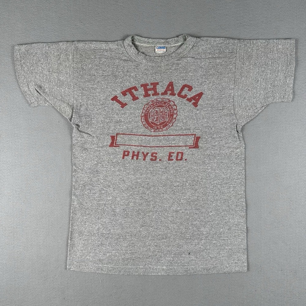Vintage 60s 70s Champion Shirt Men's Medium Blue Bar Ithaca Phys Ed Short Sleeve